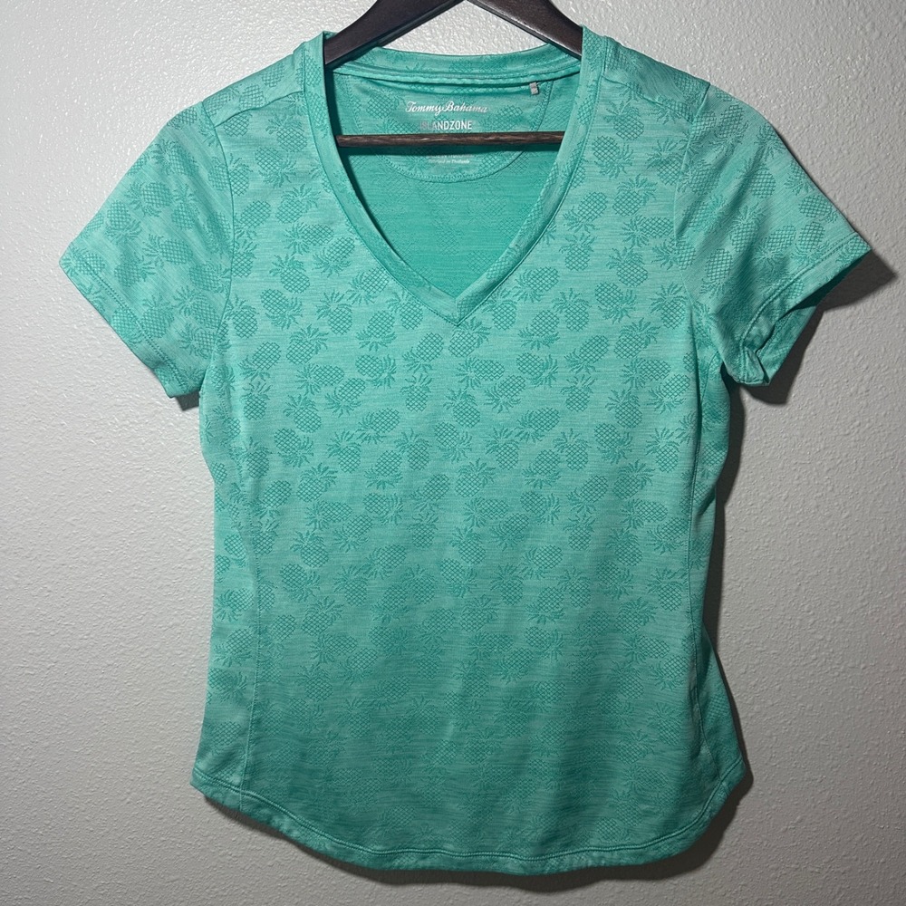 Tommy Bahama IslandZone Womens XS Pineapple Jacquard V-Neck T-Shirt Aqua Teal